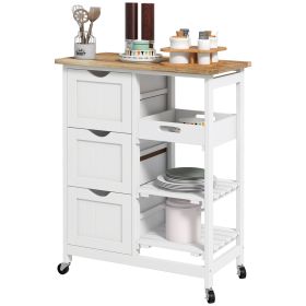 Dining Rolling Kitchen Island, White, with Wood Top, Shelves & Drawers