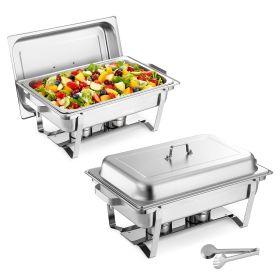Rectangle Chafing Dish, 9 Qt 2 Pack Stainless Steel Chafing Dish, Food Warmer Chafer Complete Set with Hollow Handle, 1 Food Tongs, Lid, Fuel Holder