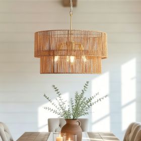 23.62 in. Handwoven Woven Paper Rattan Chandelier, 2-Tier Boho Wabi-Sabi Pendant Light, Gold Metal Hanging Ceiling Lamp