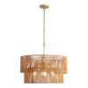 23.62 in. Handwoven Woven Paper Rattan Chandelier, 2-Tier Boho Wabi-Sabi Pendant Light, Gold Metal Hanging Ceiling Lamp