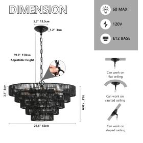 24" Rustic 5-Tier Black Hemp Rope Pendant Light Chandelier with 8 E12 Sockets, Boho Farmhouse Ceiling Fixture for Dining Room, Kitchen (Color: Black, Material: Iron)