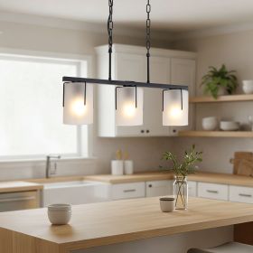 Minimalist 3-Light Linear Chandelier, Matte Black Pendant Lighting with Frosted Glass Shades (Color: Black, Material: Glass+Iron)