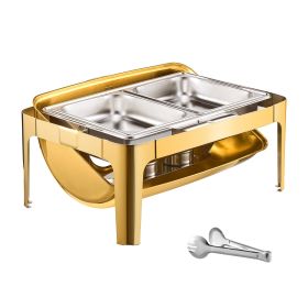Roll Top Chafing Dish Buffet Complete Set, 9Qt Stainless Steel Chafer with Full Size Pan (Quantity: 1 Pack, Color: Golden-Visible Window)